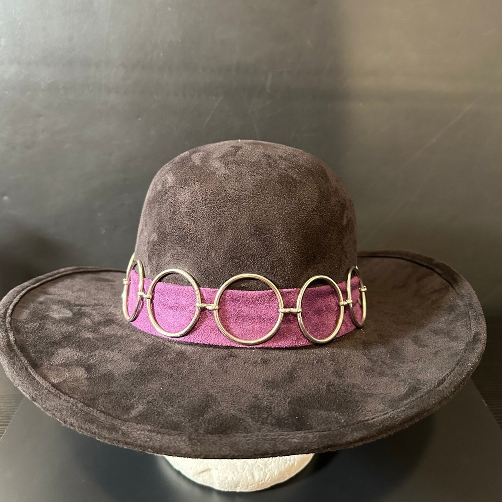 Authentic Jimi Hendrix Collection Brown Suede Fedora Hat Purple Sash O-Ring Boho